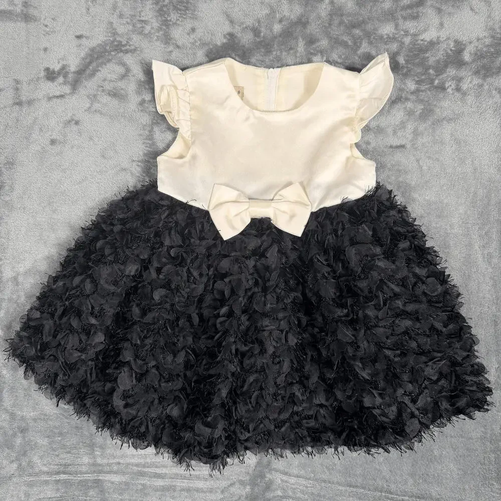 Purple‎ Rose Baby Girls Dress Sz 12M Black Ivory Formal Party Bow Ruffle Rosette